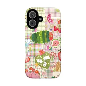 Cute Caterpillar and Fruit Collage Phone Case – Pastel Plaid Background with Strawberries, Flowers, Bread, and Whimsical Animals – Colorful Vintage Aesthetic – Fits iPhone 7 to 17 Pro Max, Samsung Galaxy S21 to S24
