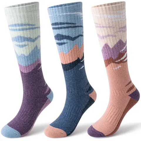Chic Fashion Unisex Merino Wool Calf-High Thermal Thick Ski Socks - 3 Pairs, Cold Wash Compatible, Ideal for Snowboarding Skiing, Winter-Ready
