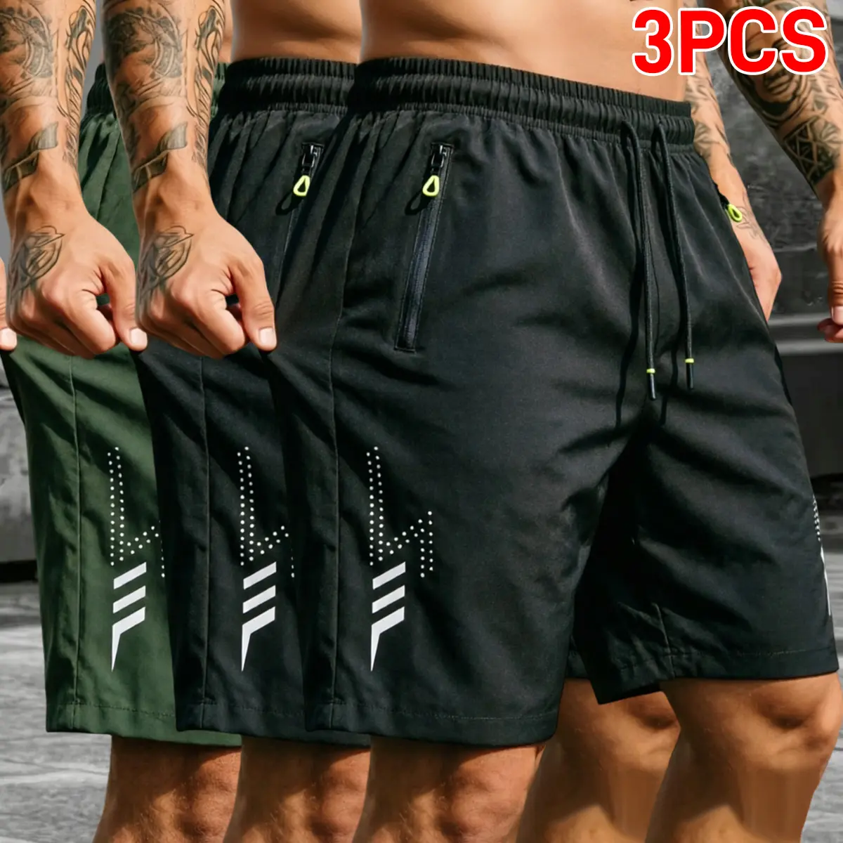 3-pack summer polyester men’s running shorts—sweat-wicking, breathable, reflective print, lightweight outdoor sports shorts with an adjustable drawstring waist and zippered storage pockets; sweat-resistant shorts suitable for all men’s outdoor activities.