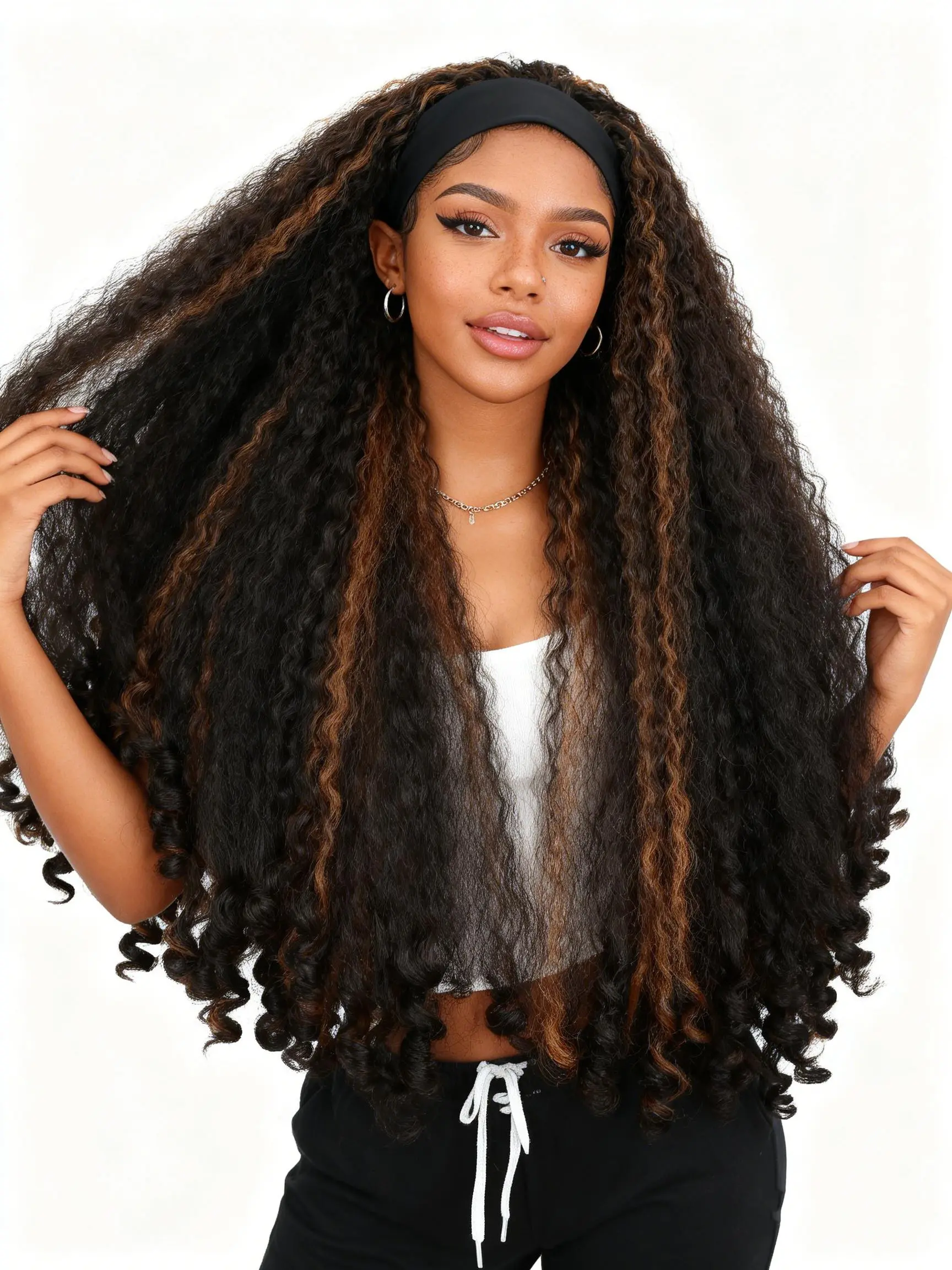 Afro Curly Headband Braiding Artificial Wig Synthetic Braided Hair Texture with Unique Bouncy Curls in the End 26 Inch Soft Curly Headband Wigs for Black Women Brown Blend Kinky 4C Hair Hyperrealism Wig Premium Synthetic Wigs