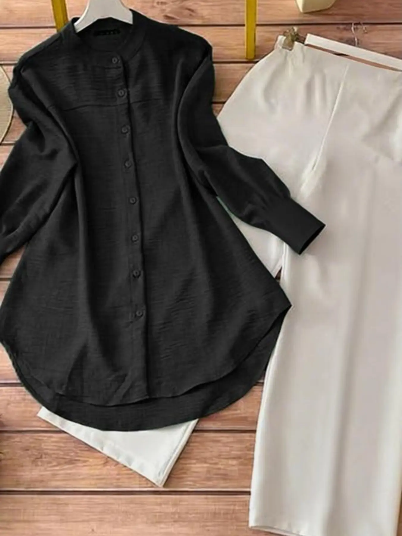 Women's Casual Solid Color Set, Round Neck Long Sleeve Button Blouse + Straight Leg Pants, Loose Fit High Waist, All Seasons Outfit Womenswear Clothes