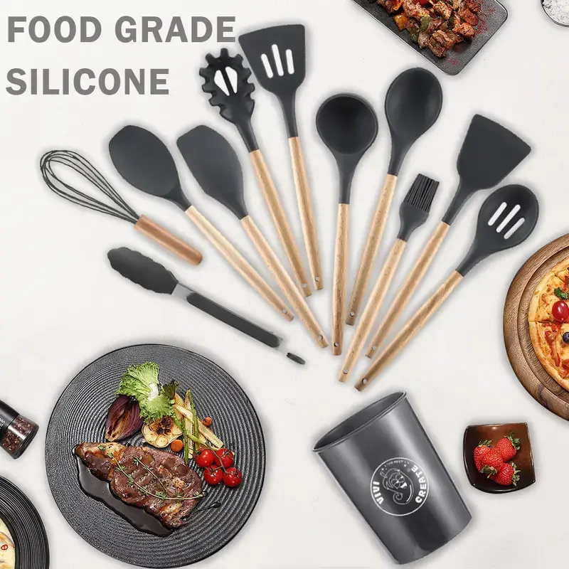 12Pcs Non-Stick Silicone Kitchen Utensil Set with Wooden Handles - Safe and Easy to Clean - Perfect for Cooking and Baking - Ideal for Back to School and Dorm Essentials Summer gift