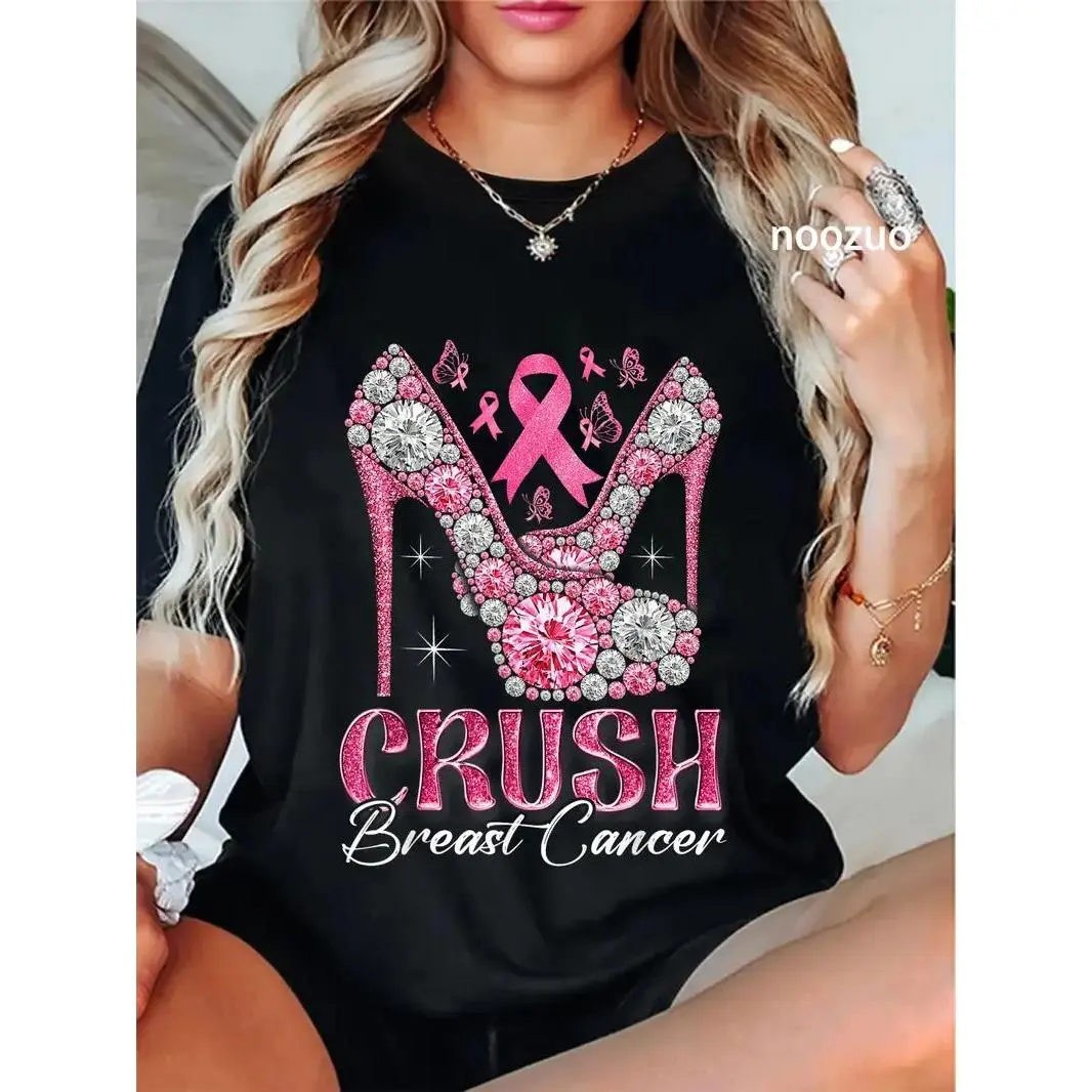 100% Cotton Unisex Crush Breast Cancer Awareness Bling Pink Ribbon High Heel T-Shirt