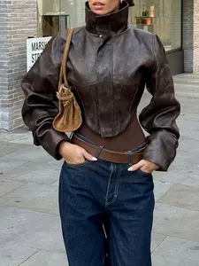 Women's High Neck PU Leather Jacket, Slim Fit Short Zipper Coat, Fall & Winter Fashion Outerwear, Casual Stylish Design