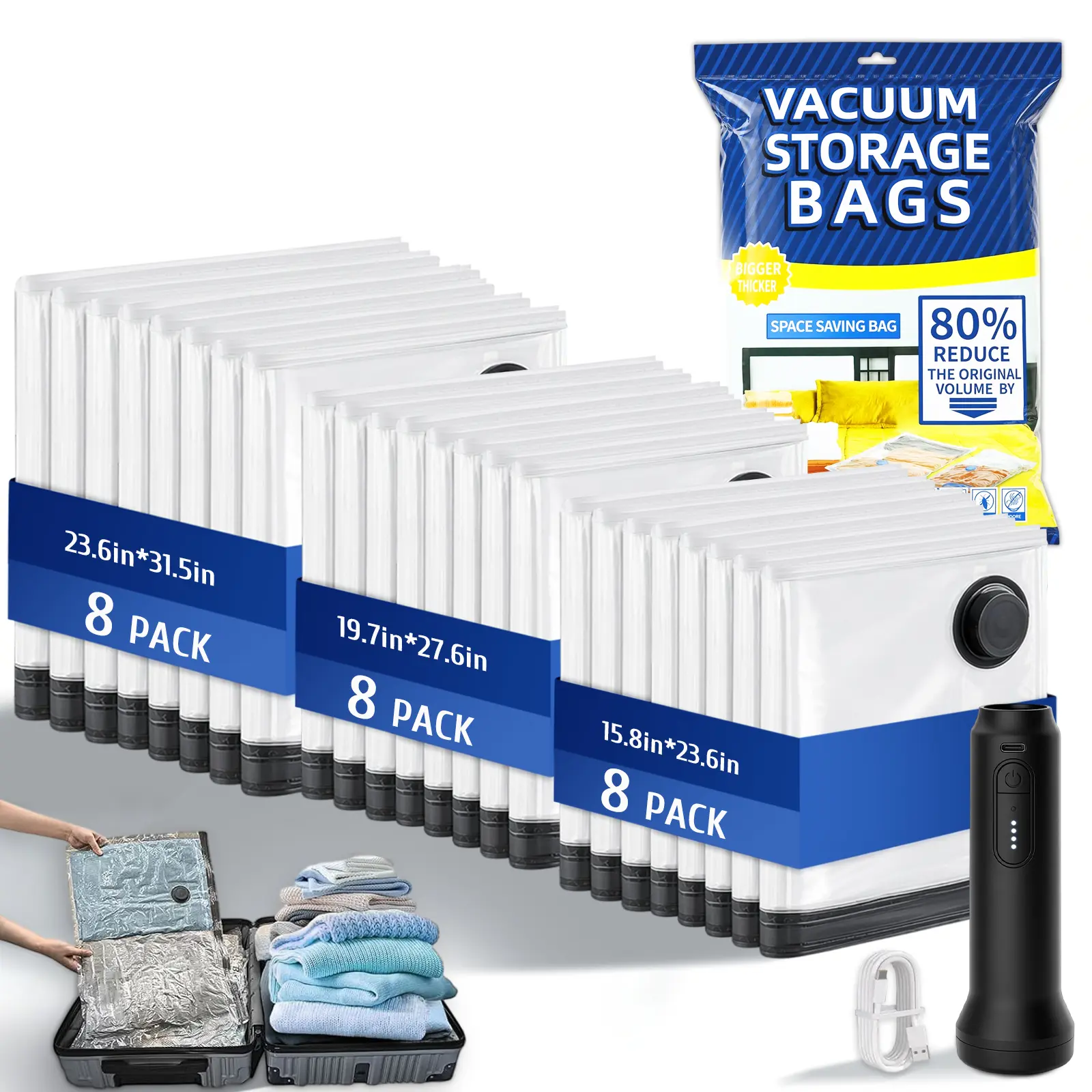 Travel vacuum bags with pump for quick deflation and compression packing, high 4000 Pa suction, wireless pump, dustproof bags in three sizes for household winter clothing