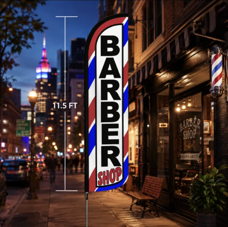 1PC 11.5FT Windless Barber Shop Flag with Aluminium Pole, High-Visibility Outdoor Ads Banner Sign for Barber Shop Grand Opening to Attract More Customers