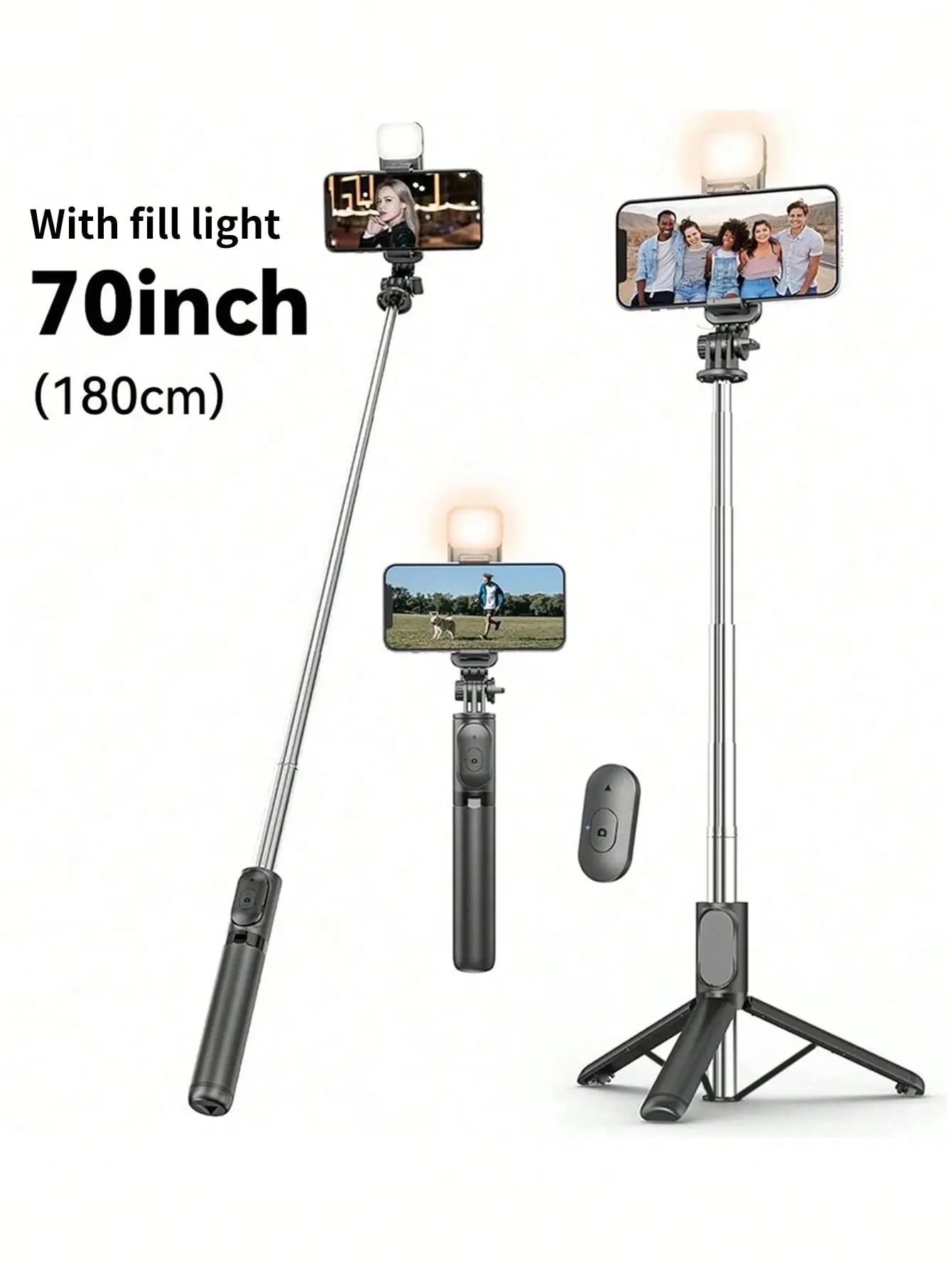 67" Selfie Stick Tripod with Fill Light, Reinforced Stable Phone Tripod with Remote, Portable Extendable Stand for iPhone & Android, Perfect for Travel & Vlogging, Portable for Travel, Vlogging, Live Streaming