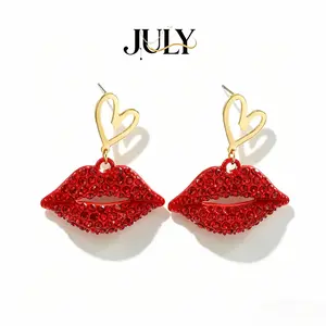 JULY Red Crystal Lip Dangle Earrings with Hollow Heart Charm, Waterproof Colorfast Statement Jewelry, Perfect for Party, Prom & Night Out Events
