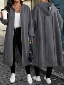 Plus Size Women's Long Zipper Hooded Jacket Womenswear, Long Sleeves, Spring Fall Winter Loose Casual Sweatshirt Style, Conceals Fat, Slimming, Commute Shopping Vacation, Casual Streetwear Hoodie