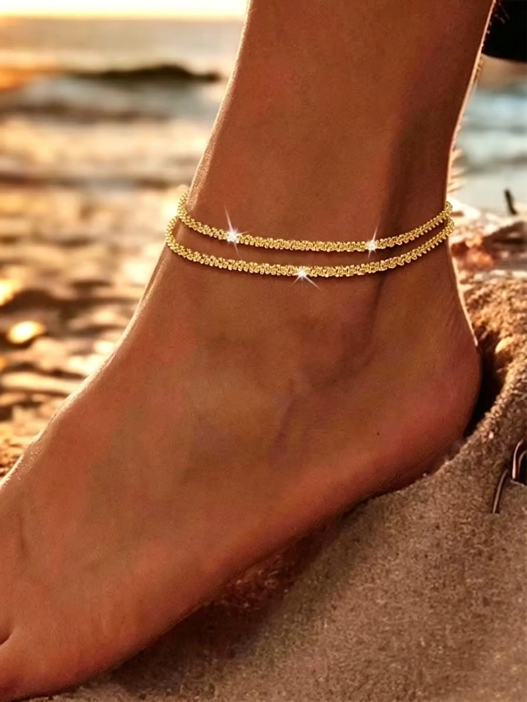 Women's Layered Waterproof Anklet Ankle Bracelets — Shiny, Adjustable 14K Gold-Plated & Silver-Plated Multilayer Stackable Beaded Anklet/Bracelet for Women & Girls | Summer Jewelry Gift & Beach Foot Accessory