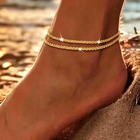 Women's Layered Waterproof Anklet Ankle Bracelets — Shiny, Adjustable 14K Gold-Plated & Silver-Plated Multilayer Stackable Beaded Anklet/Bracelet for Women & Girls | Summer Jewelry Gift & Beach Foot Accessory
