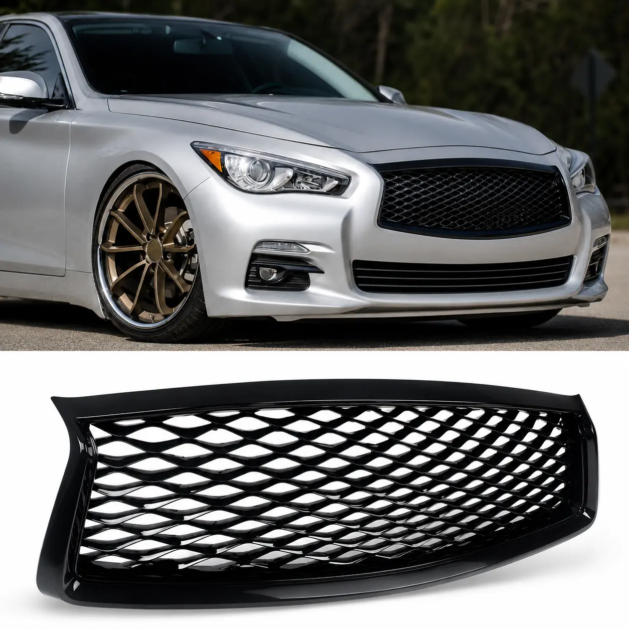 For Infiniti Q50 2018-2022 Gloss Black Front Bumper Upper Mesh Grille Grill Without Sensor Holes