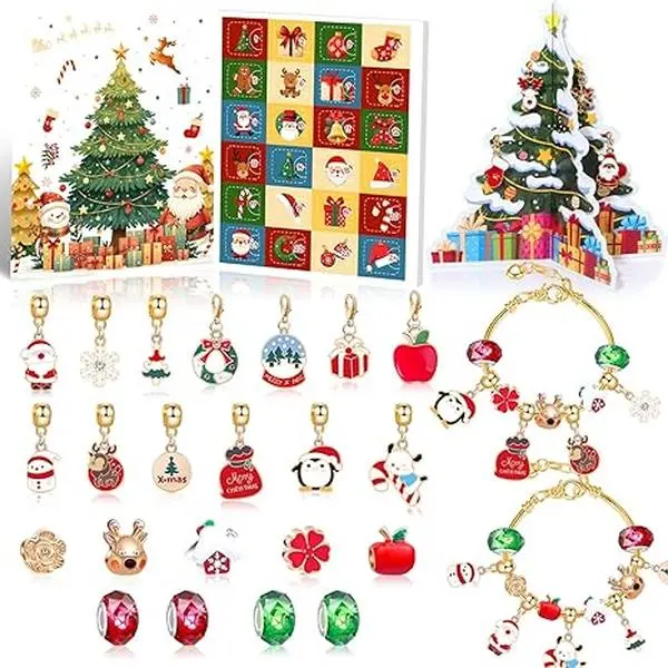 2025 Christmas Advent Calendar, 24 Days Xmas Countdown Calendar, 2 DIY Bracelets 22 Charms and 1 Christmas Tree for Christmas Decoration Gifts