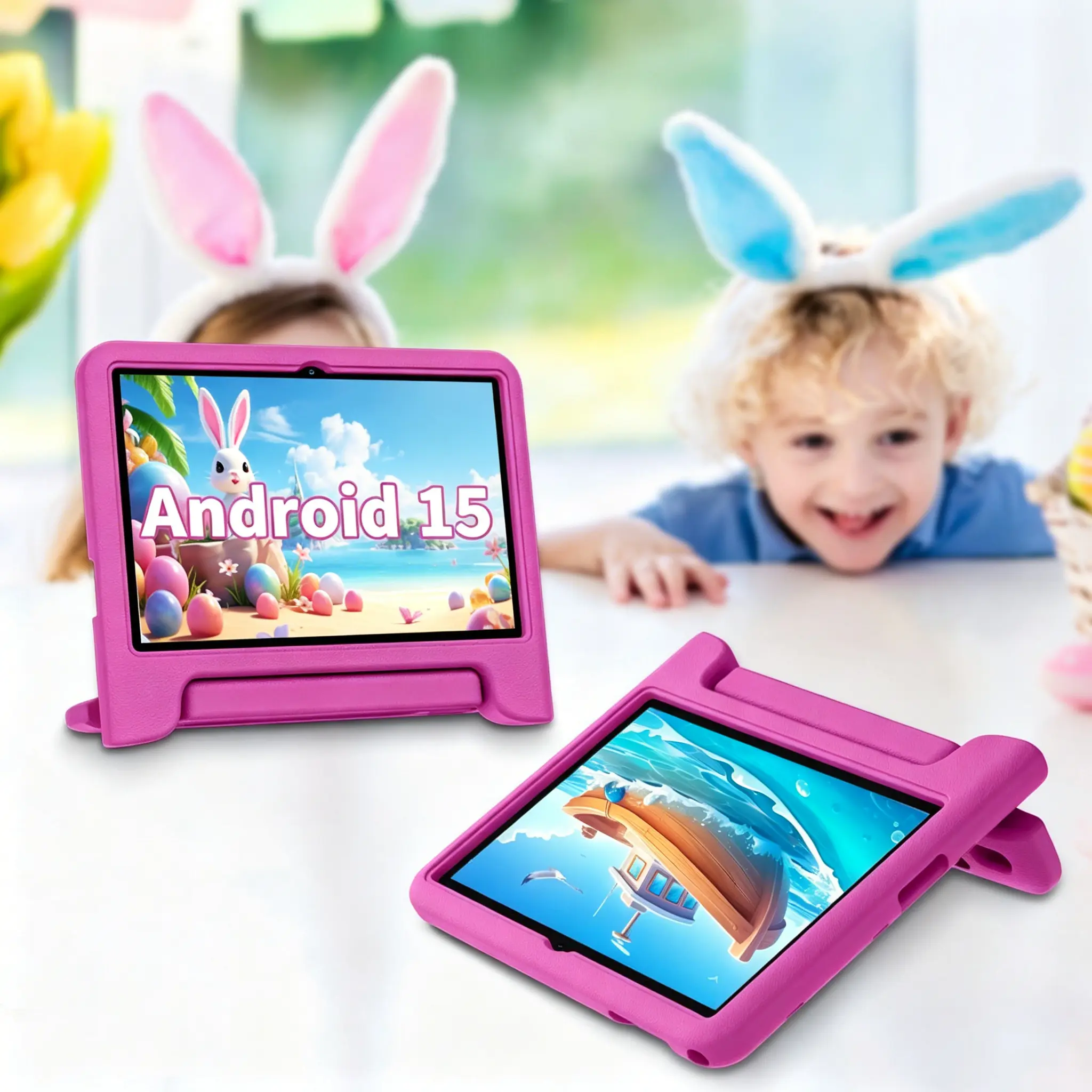 JUNINKE New Arrivals 10in Android 15 Kids Android Tablet, 10GB+64GB ROM, Octa-Core, Touchscreen LCD Screen, Dual Cameras, WiFi, 6000mAh Battery, Protective Silicone Stress Relief Case, Animal Flash Cards, Educational Apps, Toddler Gift (Pink, Blue), Andro