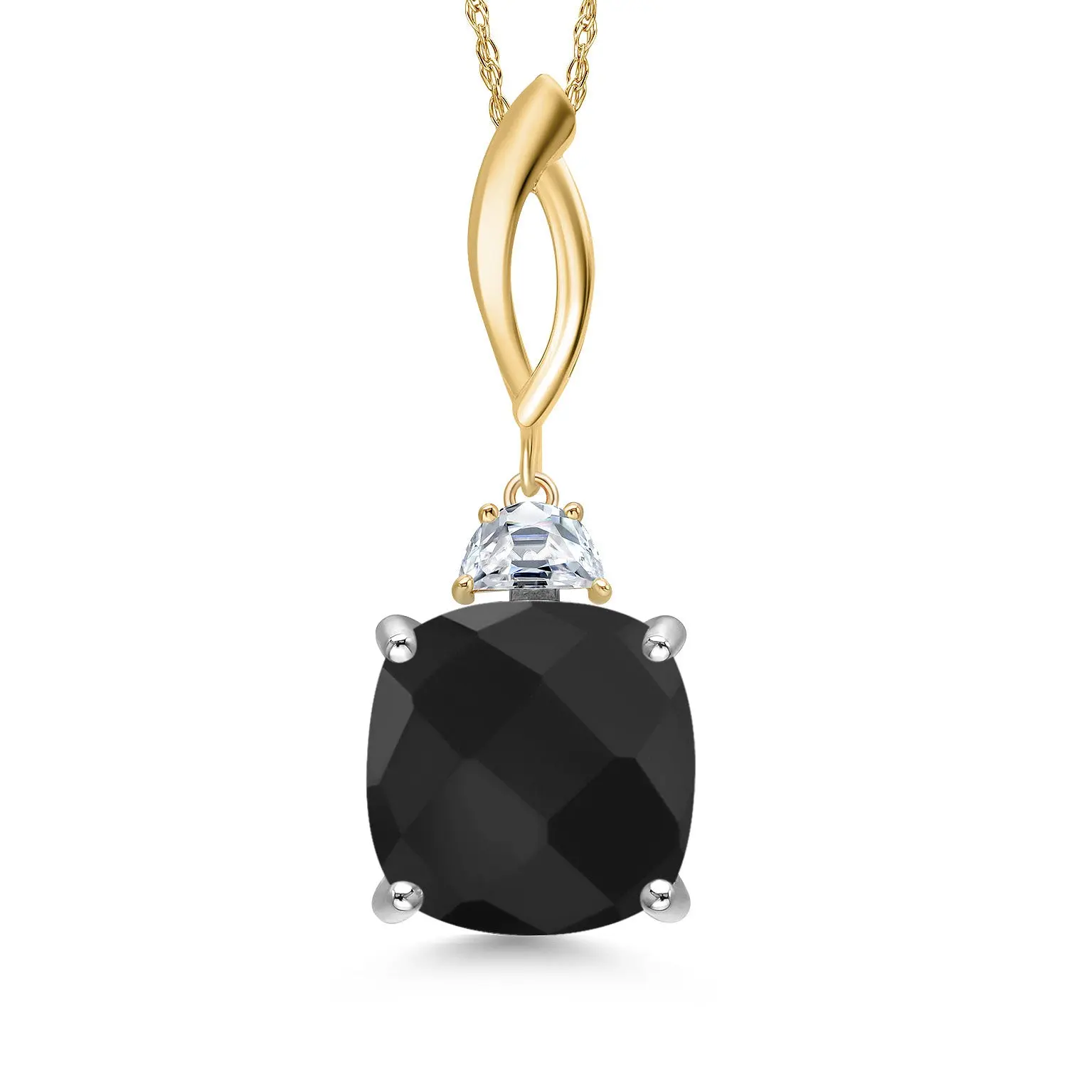 925 Silver and 10K Yellow Gold Black Onyx and White Moissanite Pendant Necklace for Women | 5.73 Cttw | Gemstone December Birthstone | Cushion Checkerboard 12MM | With 18 Inch Chain