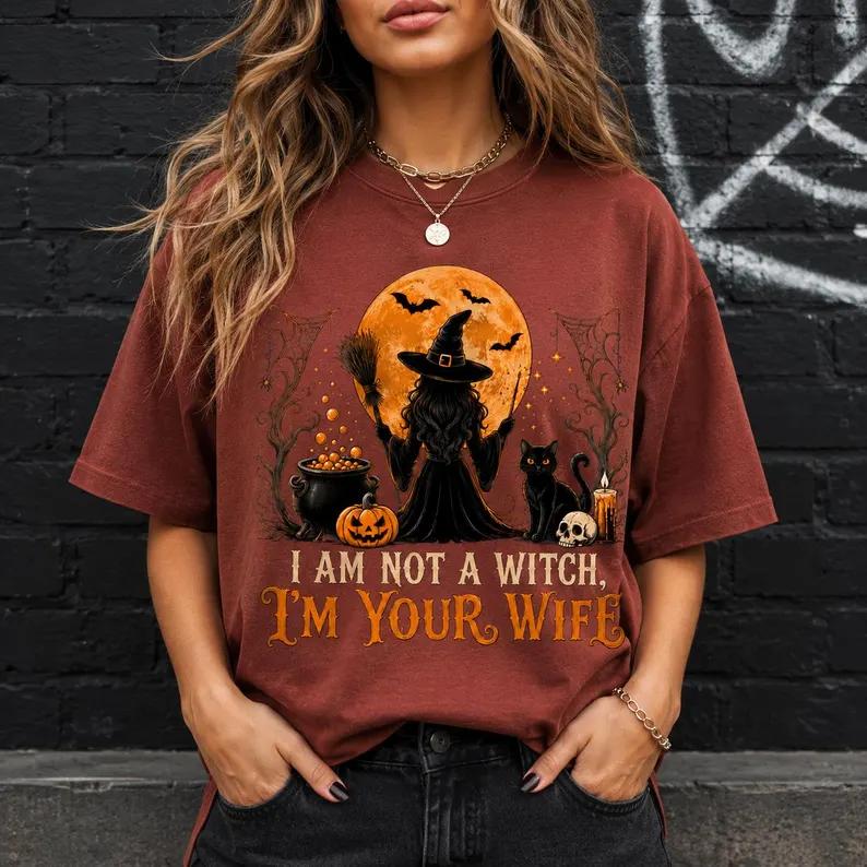 Women's Cotton Fitted Crew Neck T-Shirt - Breathable Fabric, Witch Broom Full Moon Cauldron Print, "I Am Not A Witch" Slogan, Cute Kawaii Casual Short Sleeve Fall Outfit