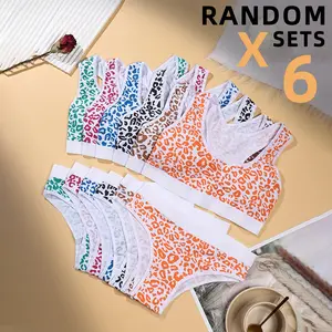 6sets random leopard print underwear set wide strap vest + girls' briefs Pure cotton soft and comfortable