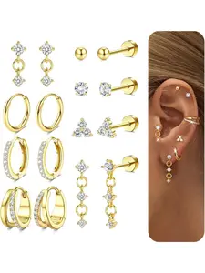 Women's Stainless Steel Ear Jewelry, Hypoallergenic Earrings, 8-Pair Rhinestone Heart Flower Design, Hypoallergenic & All-Season Wear, Ideal for Daily Use