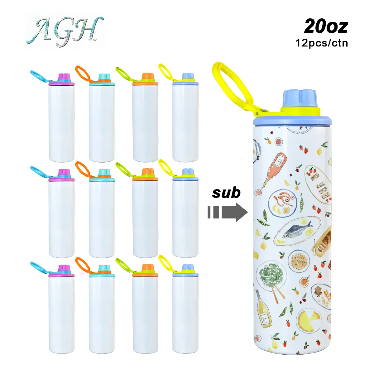 AGH US NEW Exclusive Sports tumbler 20 OZ Sublimation UV printing DIY stainless steel with 4-color mixed handle lids and full sublimation DIY accessories 12pcs/ctn Vday party ester weddings business custom gift