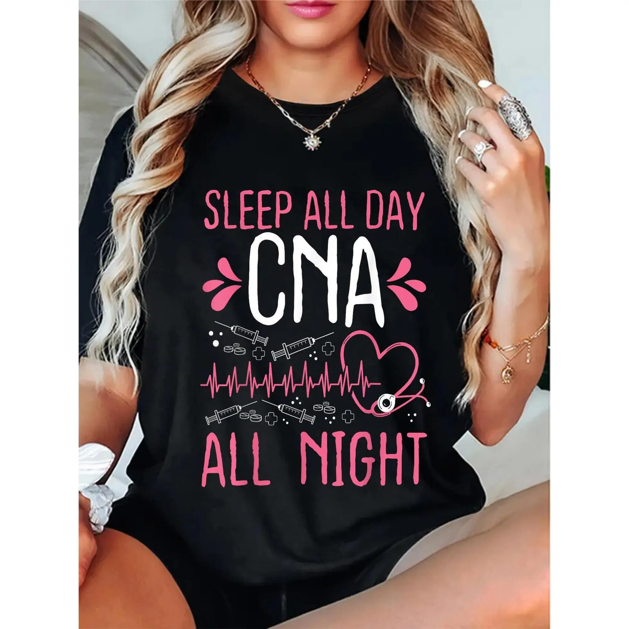 Nurse Themed Graphic Women's T-Shirt for CNAs, Casual Fitted 100% Soft Cotton Short-Sleeve Round Neck Tee with Pink Stethoscope Heart, Women's Clothes, Digital Print Women's T-Shirts