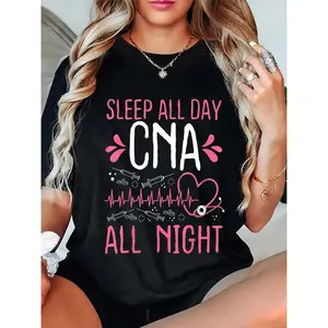 Women's Funny CNA Nursing Assistant T-Shirt "Sleep All Day CNA All Night" Crew Neck Short Sleeve 100% Cotton Casual Top with Pink Stethoscope & Heart Design for Healthcare Professionals Nurse Shirt Womenswear Tshirt Streetwear Summer