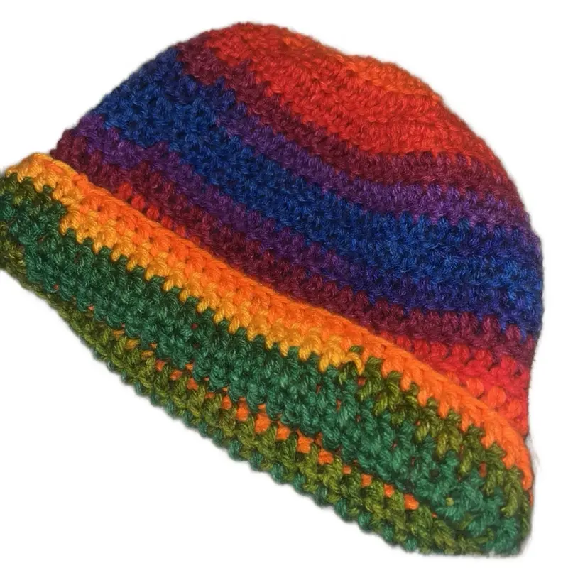 Stretchable One Size Crochet Beanie - Colorful Rainbow Striped Design for Comfortable Wear