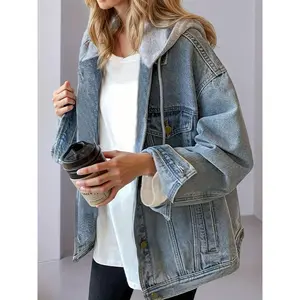 Women's Hooded Denim Jacket Oversized Retro Long Sleeve Casual Basic Minimalist Outerwear Lightweight Comfortable All Seasons Coats Loose Fit Elastic Everyday Wear