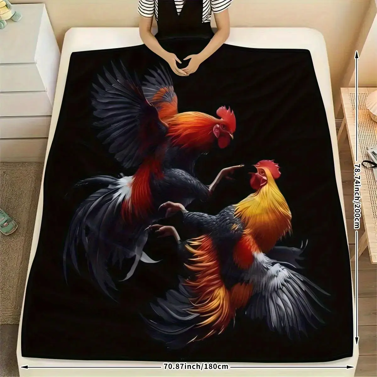 Rooster Fight Print Flannel Blanket - Soft Warm Polyester Blend Throw, All-Seasons Cozy Home Decor for Couch, Camping - Durable Bed Cover Gift for Farmers, High-Quality Red Roosters Combat Design