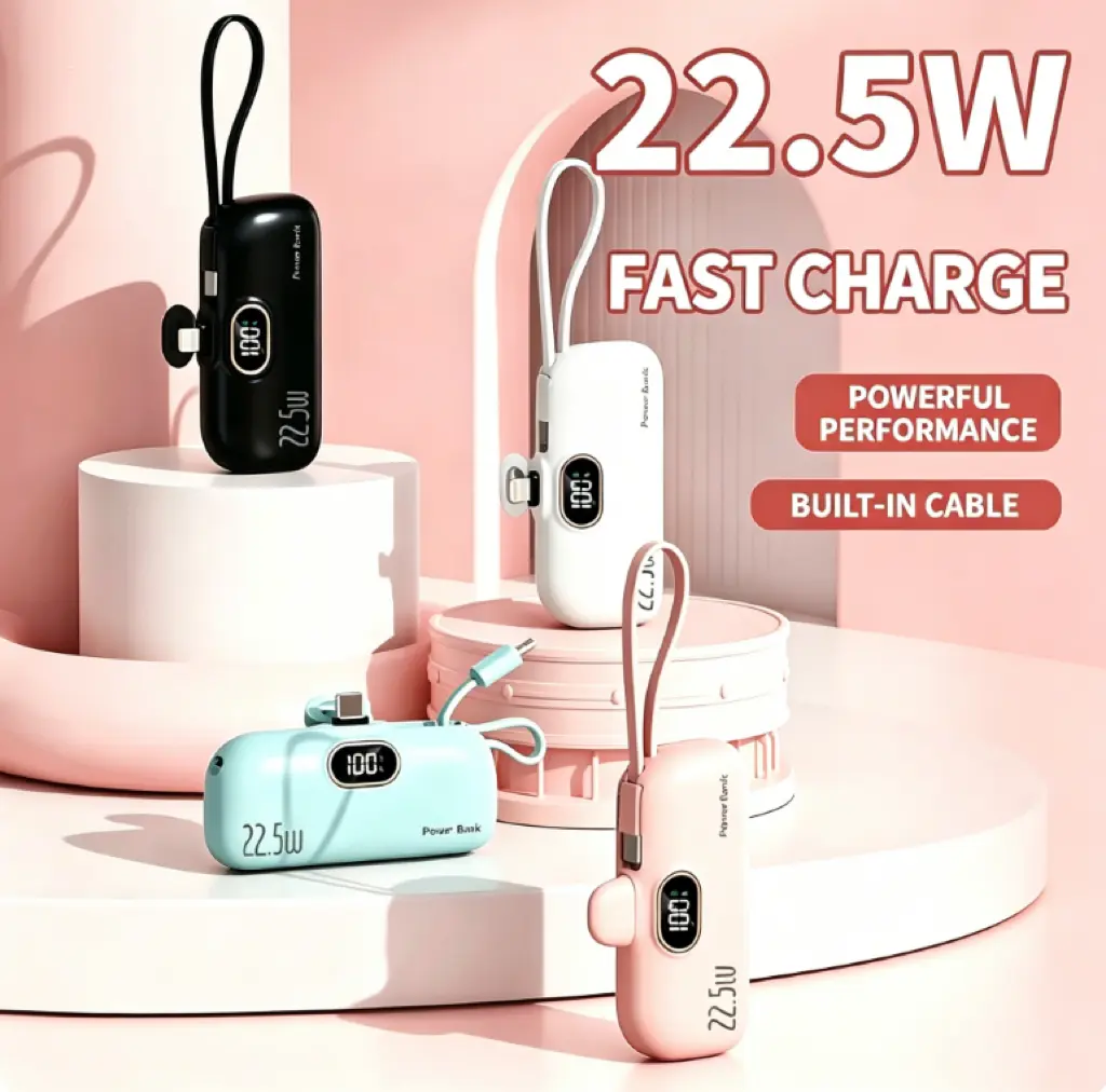 Compact 5000mAh Capsule Pocket Battery Power Bank, 22.5W Fast Charging Mini Portable iPhone Charger, Built-in Plug Battery Pack with Digital Display, Compatible with iPhone, Samsung & USB-C Devices, Button