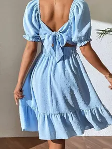 Women’s Swiss Dot Tie Backless Ruffle Hem Milkmaid Summer Dress