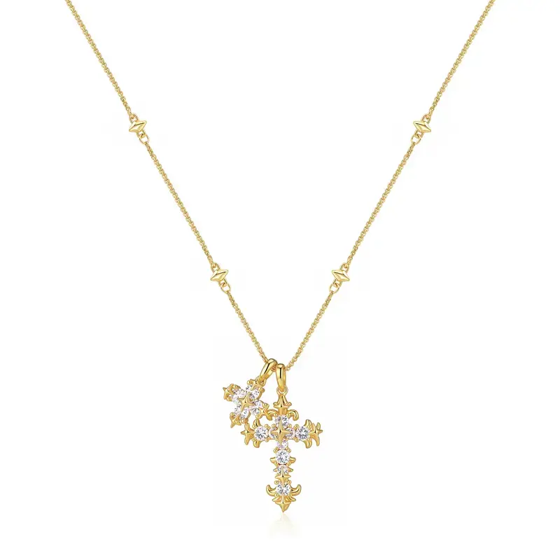 September Laurel  Gold-Plated Iris Flower Cross Necklace – Electroplated Finish (Brass Base), Christian Symbol Pendant, Unisex Gift for Daily Wear