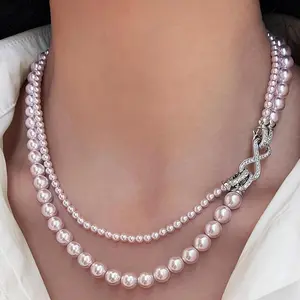Women's Flash & Finesse Manta Rose & White Pearl Chain Necklace, 18K Gold-Plated Double-Layer Detachable 8mm & 4mm Beads, Dainty Design, Luxury Christmas Gift with Elegant Packaging, Dainty Pearl Necklace