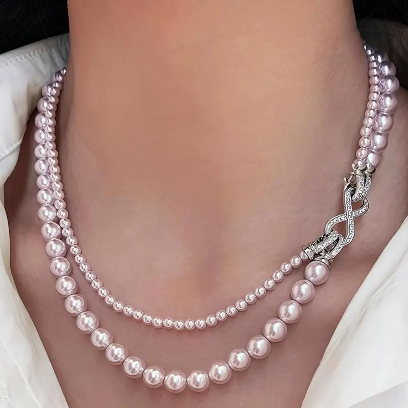 Women's Flash & Finesse Manta Rose & White Pearl Chain Necklace, 18K Gold-Plated Double-Layer Detachable 8mm & 4mm Beads, Dainty Design, Luxury Christmas Gift with Elegant Packaging, Dainty Pearl Necklace,summervibes