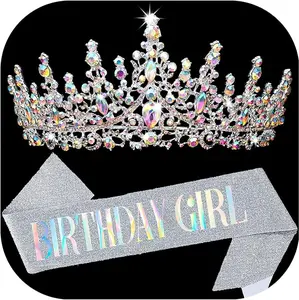 BIRTHDAY GIRL Sash for Women Happy Birthday Sashes and Crowns for Girls Crystal Tiaras for Princess Silver Party Decoration for Gift Headband Supplies Accessories