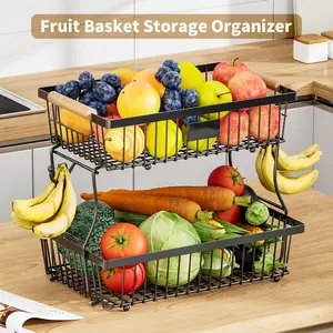 San Dream 2 Tier Fruit Basket with 2 Banana Hangers Countertop Fruit Vegetable Basket Detachable Kitchen Storage Holder Fruits Stand Snack Organizer