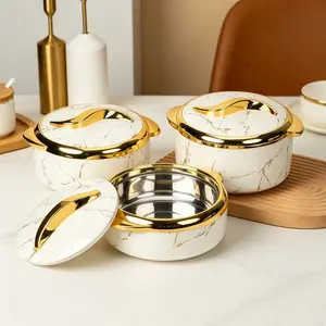 Luxurious marble-patterned gold-trimmed insulated bowl set (three-piece), lined with stainless steel, provides long-lasting heat or cold retention, and features a leak-proof lid for food storage