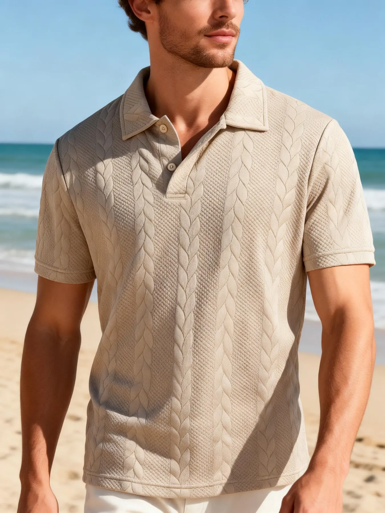 Men's Spring ＆ Summer Outfits Solid Color Cable Knit Polo Shirts Casual Polos Short Sleeve, Lightweight Casual Classic Summer Polo Tee, Breathable Textured Golf Tops for Daily Wear, Beach, and Vacation