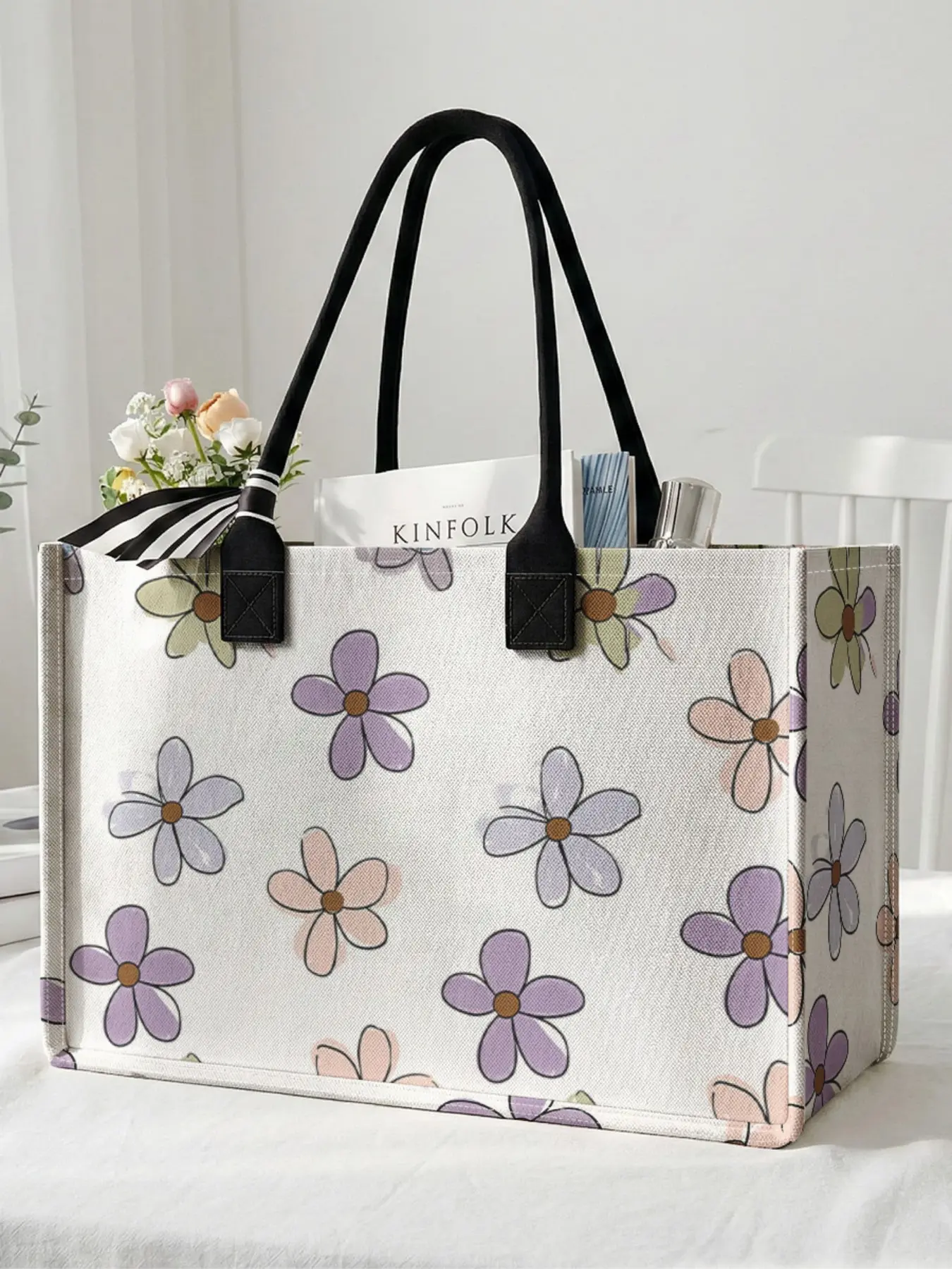 1 piece of colorful flower pattern 2D printed large capacity storage bag, shopping bag, Reusable Bags With Handles, sturdy handle, space-saving multi-purpose, suitable for going to school, traveling, shopping