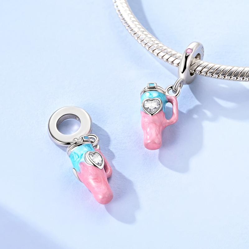 MULA 925 Sterling Silver Summer Water Bottle Pendant with Pink and Blue Enamel and CZ Hearts - Cute Drink Charm Beads, Compatible with Pandora Bracelets, Gift for Women Girls Teens