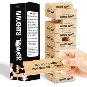 Naughty Tower Stacking Wooden Block Game for Grown Ups - Couple Dare Questions - All Genders & Relationships - 54 Cups for Make Date & Game Night Fun