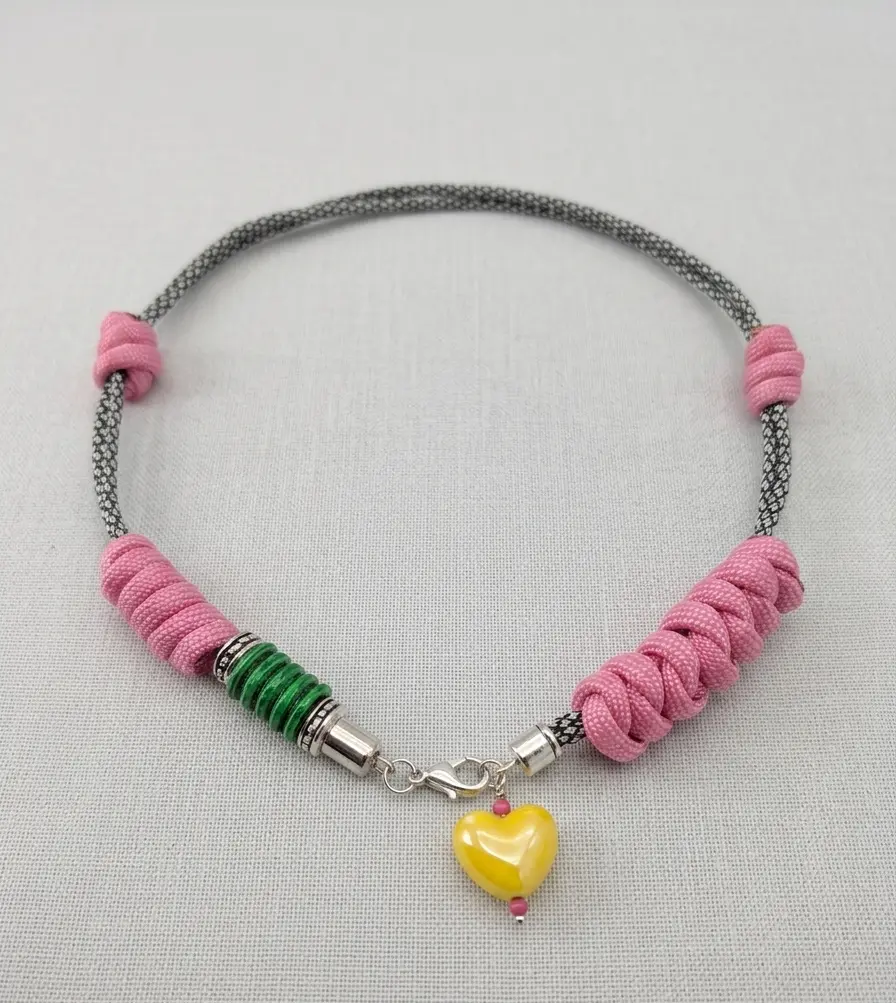 Electric Sweetheart Handmade Paracord Choker Necklace with Hand-Painted 3D-Printed Resin Bead and Yellow Ceramic Heart - Y2K Statement Jewelry
