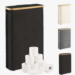 Large Capacity Foldable Toilet Paper Holder with Cover, Space Saving Bathroom Storage Box, Bathroom Accessories Organizer, Durable Composite Frame, Fabric Cover, Bamboo Lid