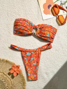Two-Piece Set Women's Floral Print Bandeau Bikini Set, Casual Fashion Chic Strapless Swim Top & Swim Bottom Swimsuit for Beach Holiday Vacation, Ladies Swimwear for All Seasons