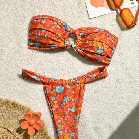 Two-Piece Set Women's Floral Print Bandeau Bikini Set, Casual Fashion Chic Strapless Swim Top & Swim Bottom Swimsuit for Beach Holiday Vacation, Ladies Swimwear for All Seasons, Bikini Swimsuit Outfit, Bikinis Set