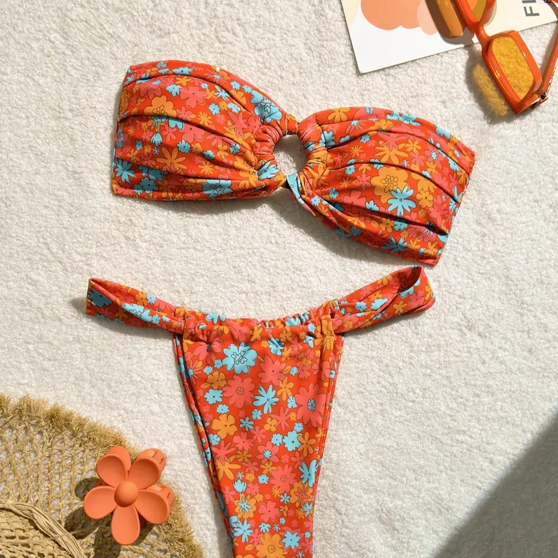 Two-Piece Set Women's Floral Print Bandeau Bikini Set, Casual Fashion Chic Strapless Swim Top & Swim Bottom Swimsuit for Beach Holiday Vacation, Ladies Swimwear for All Seasons, Bikini Swimsuit Outfit, Bikinis Set