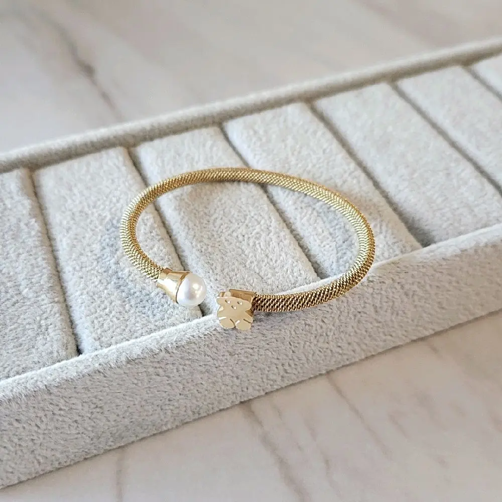 Gold Bangle with Pearl and Heart Charm Adjustable Bracelet for Women  Accessories stainless steel