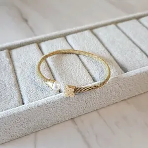 Gold Bangle with Pearl and Heart Charm Adjustable Bracelet for Women  Accessories stainless steel