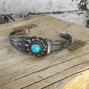 Harvey Era Navajo Sterling Silver Turquoise Cuff Bracelet