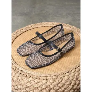 Large Size Rose Square Toe Retro Mesh Leopard Print Shoes, Slip On Flats Summer Flat Outdoor Casual Comfortable