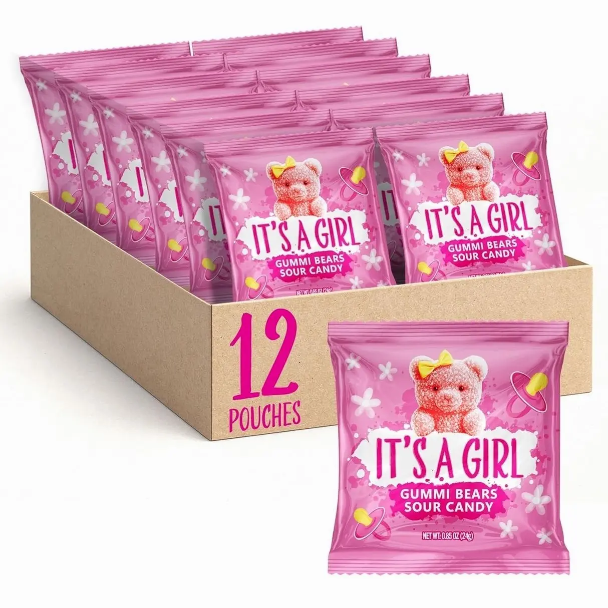 Its a Girl Candy | 12 Packs of Sour Gummies | Tutti Frutti Gummi Bears | Pink Candy for Baby Shower Favors | Gender Reveal Party Favors Individually Wrapped | Gelatin Free